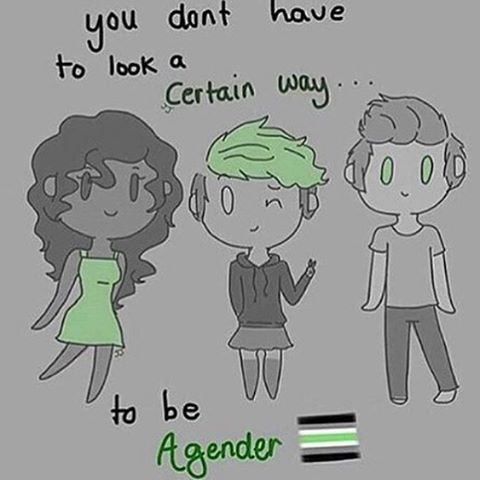 The image has the colors of the agender flag as a palette. Three cartoon people are shown, each wearing a different style of clothing (one more 'feminine,' one more 'masculine,' and one somewhere in between). Above and below them are the words 'You don't have to look a certain way...to be agender,' with an agender flag drawn beside 'agender'. The agender flag shown includes black, grey, white, and light green.