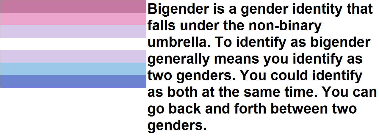 The bigender flag is shown to the left, which includes the colors pink, white, lavender, cyan, a darker cornflour blue, and a berry-pink-ish color. To the right, the text says 'Bigender is a gender identity that falls under the non-binary umbrella. To identify as bigender generally means you identify as two genders. You could identify as both at the same time. You can go back and forth between genders.'