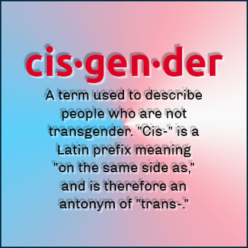 A graphic that reads 'Cisgender: A term used to describe people who are not transgender. Cis- is a Latin prefix meaning on the same side as, and is therefore an antonym of trans-.'