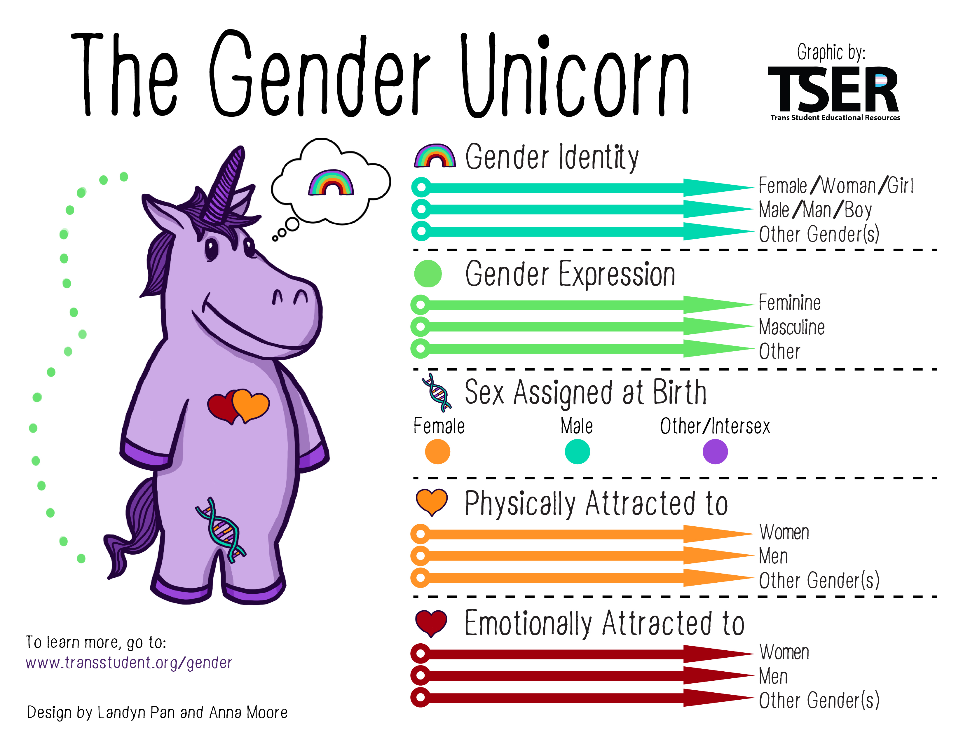 TSER's diagram entitled 'The Gender Unicorn', which has gender expression, gender identity, sex assigned at birth, sexual attraction, and romantic attraction as separate scales (with sex assigned at birth being 3 boxes).