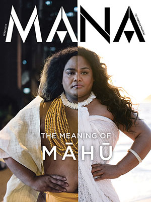 This image of a Mana magazine cover features two split photos aligned in the center of the image. On the left side, the featured person is shown in traditional masculine clothing, with a nighttime backdrop. On the right, they are wearing traditional feminine clothing in front of a bright beach setting.